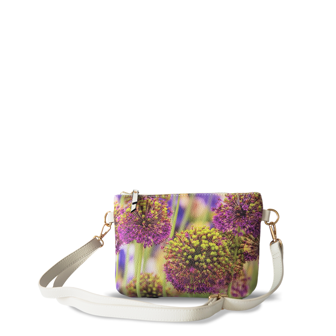 Allium Faux Leather Crossbody Purse with vibrant purple floral print by Allium