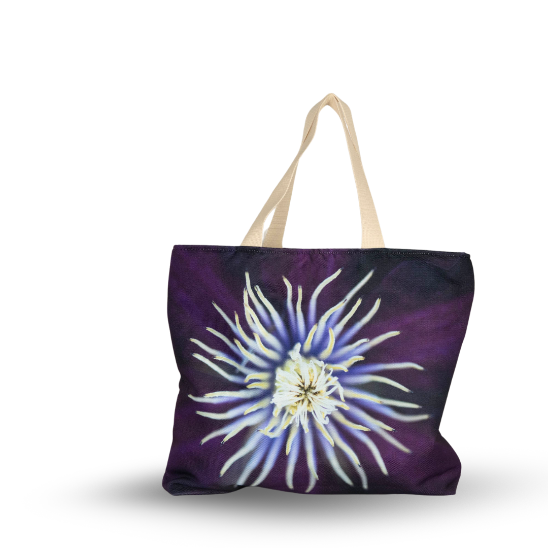 Clematis Blossom Market Tote by Sally Halvorsen offers stylish practicality for all your shopping adventures.