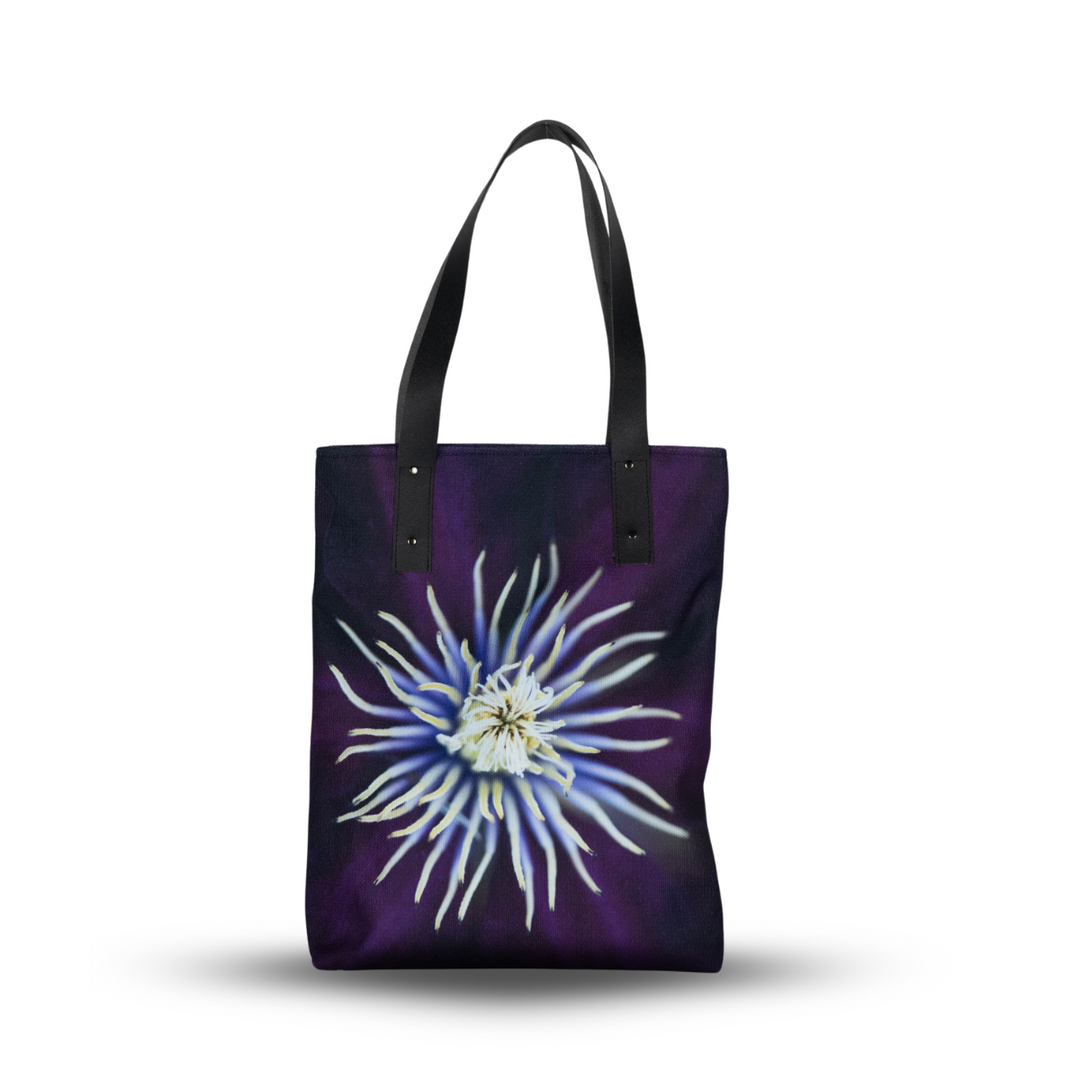 Clematis Blossom Urban Tote with purple canvas and vibrant flower print, durable city tote.