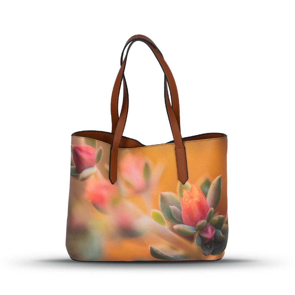 succulent tote bag Echeveria Vegan Leather Tote, Brown