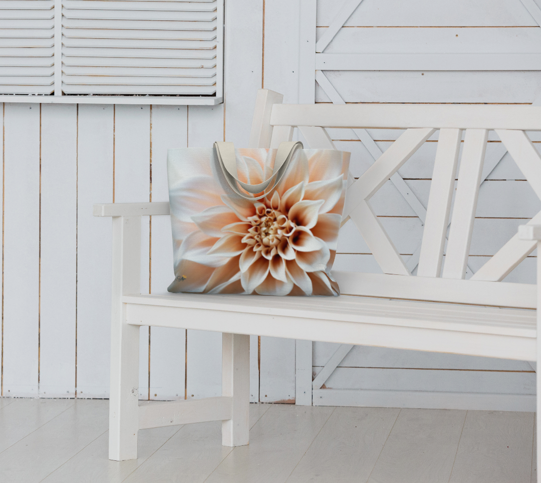 Stylish Cafe au lait Market Tote resting on a white bench, perfect for shopping and daily errands.