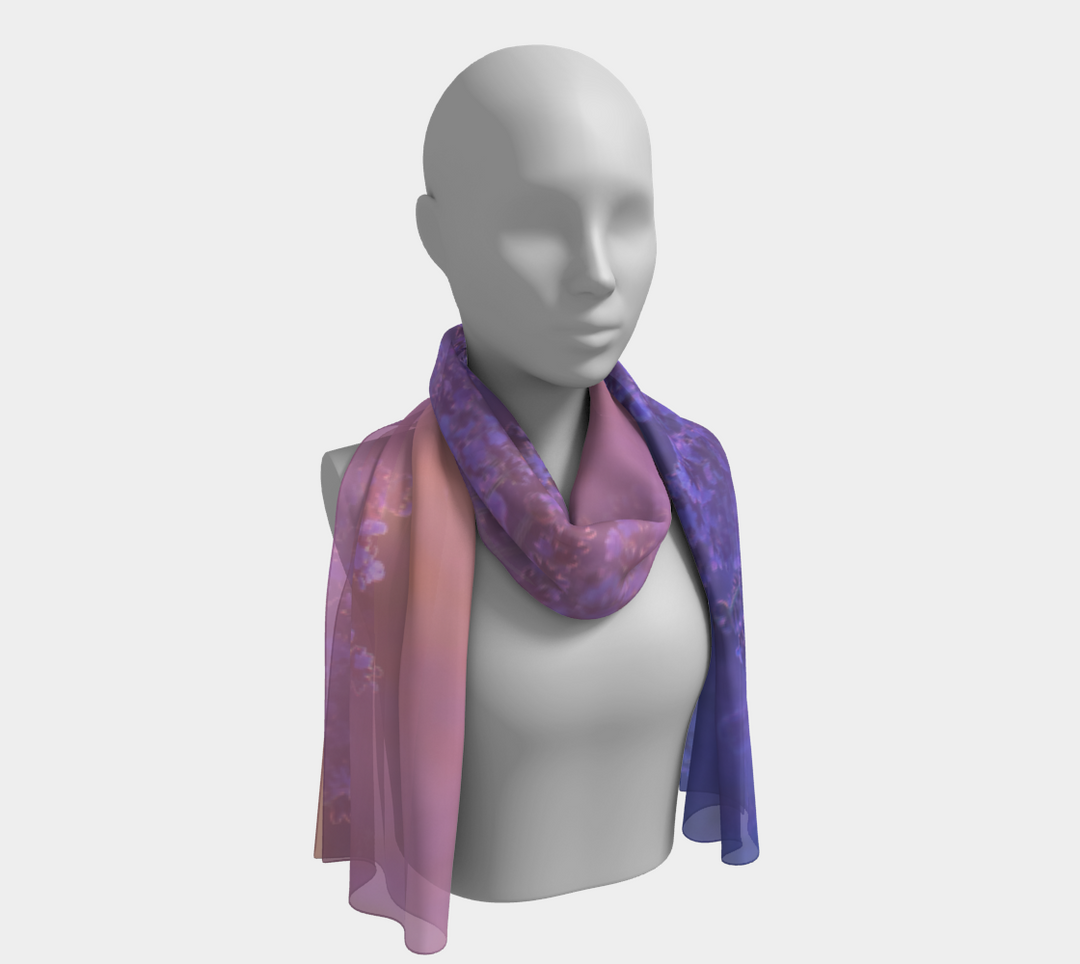 Beautiful long silk scarves!  What a fun way to celebrate the beauty of flowers. Wrap yourself in luxury with this beautiful lavender long 100% silk scarf featuring hues of pinks, beige and burgundy with splashes of green. 