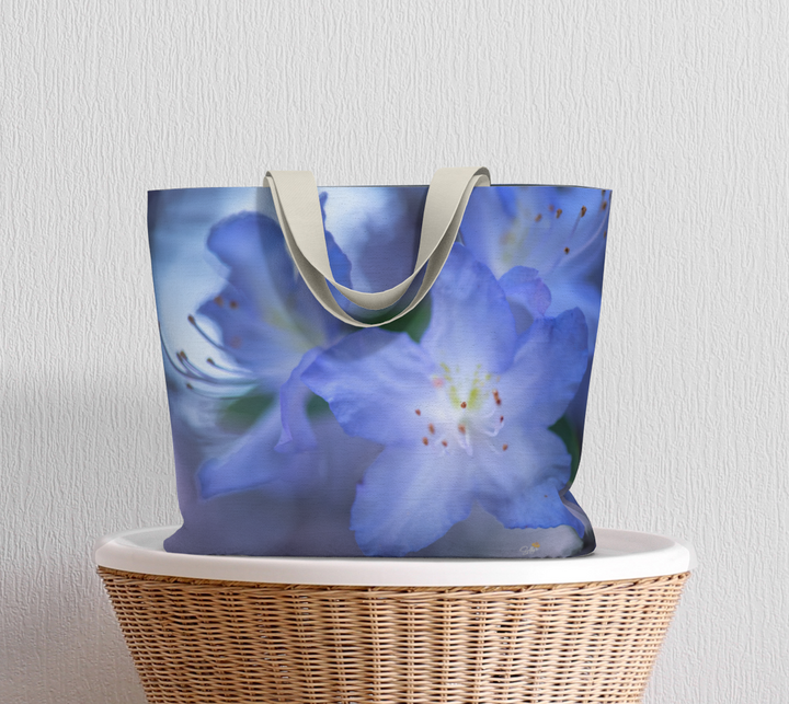 Rhododendron Market Tote – Blue Floral Fine Art Bag by Sally Halvorsen