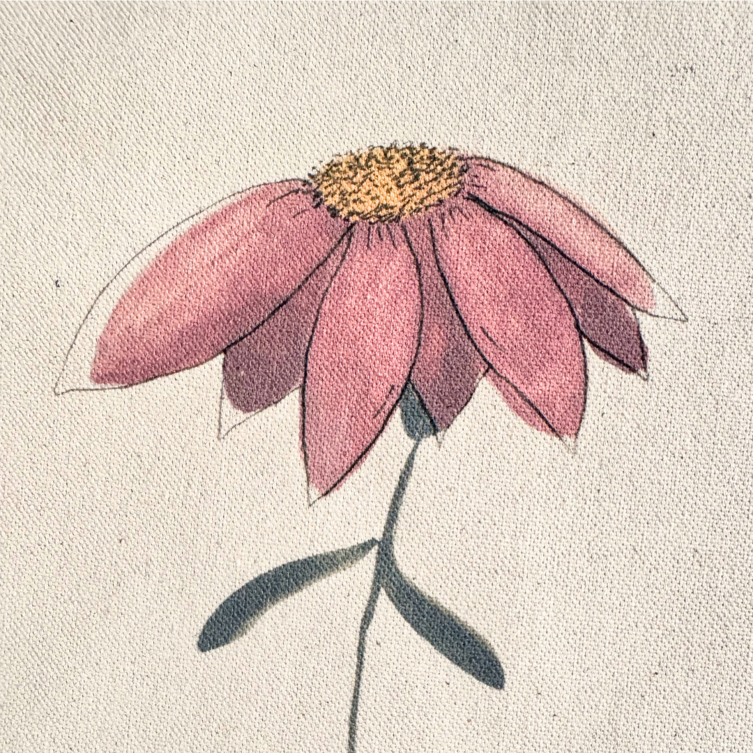 Close-up of the Better Together watercolor artwork printed on natural canvas, showing three colorful flowers and watercolor details.