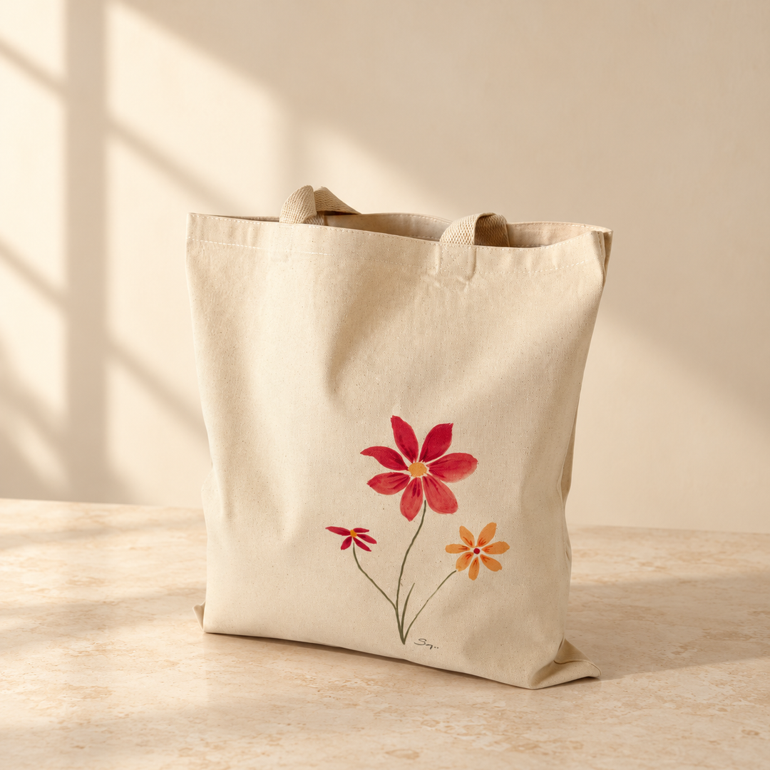 Better Together natural canvas tote featuring Sally Halvorsen’s watercolor of three flowers in red, pink, and orange on graceful green stems, displayed on a warm stone tabletop against a cream wall with soft window shadows.