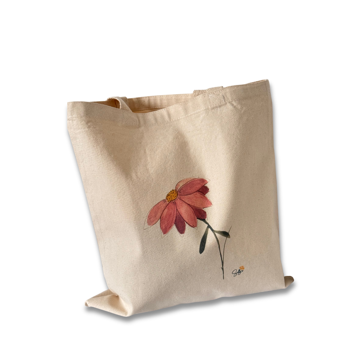 In Her Own Way watercolor floral canvas tote bag featuring an original pink and coral flower painting by botanical artist Sally Halvorsen.