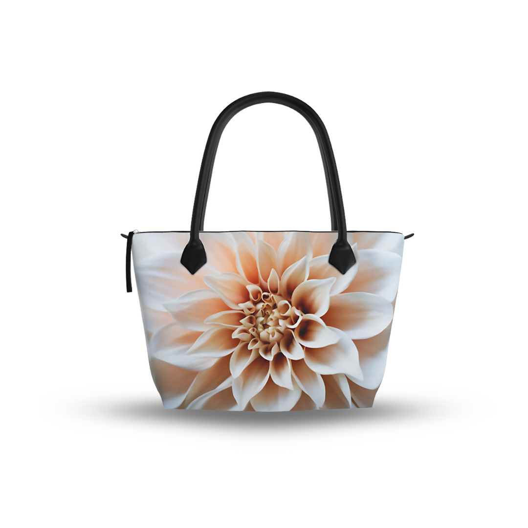 Structured zip top handbag featuring Cafe Au Lait botanical artwork, leather handles, interior pockets, and 17-inch laptop capacity with Canvas Weave fabric