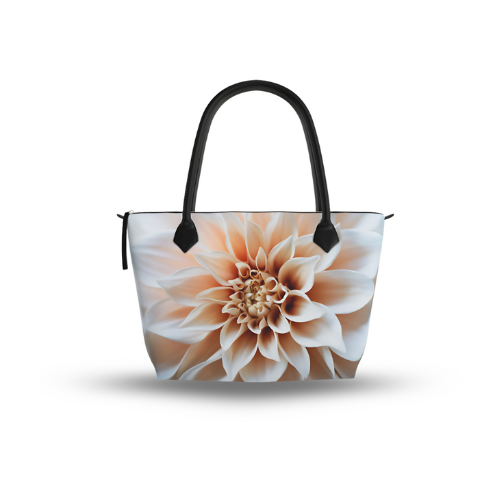 Structured zip top handbag featuring Cafe Au Lait botanical artwork, leather handles, interior pockets, and 17-inch laptop capacity. Featuring Monroe Satin Fabric