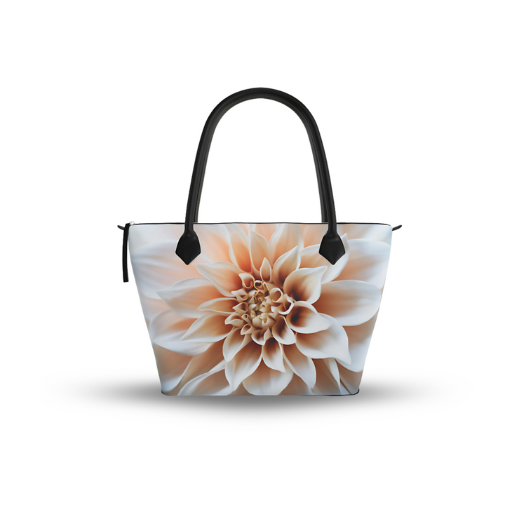 Structured zip top handbag featuring Cafe Au Lait botanical artwork, leather handles, interior pockets, and 17-inch laptop capacity. Featuring Smooth Nappa Leather
