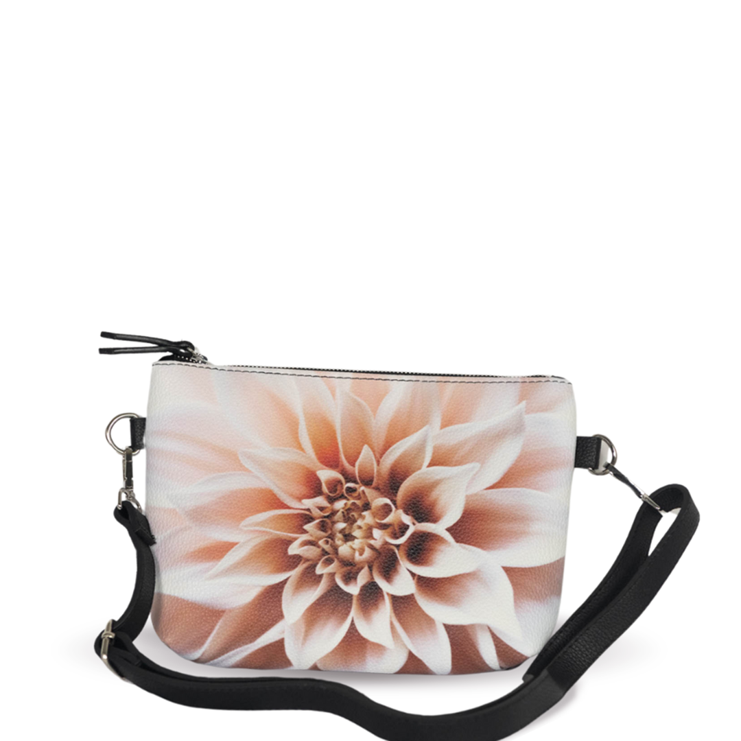 Café au Lait Dahlia botanical vegan leather tote with fine art blush dahlia print on vegan pebble leather.
