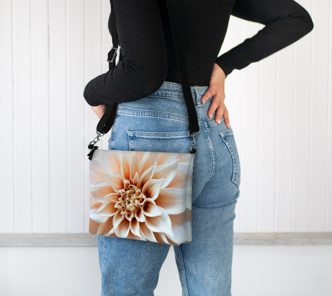 Stylishly showcase the Cafe Au Lait Faux Leather Crossbody Purse, featuring elegant floral design for modern women.