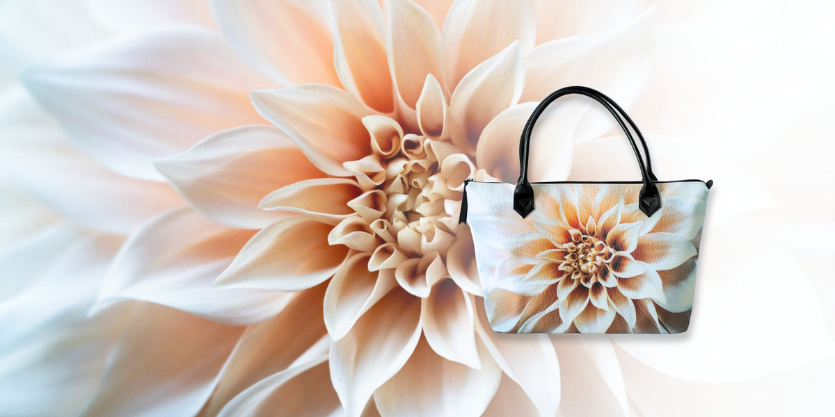 Café au Lait Zip Top bag featuring Sally Halvorsen’s close-up photograph of a cream and peach dahlia, shown with the original photograph.