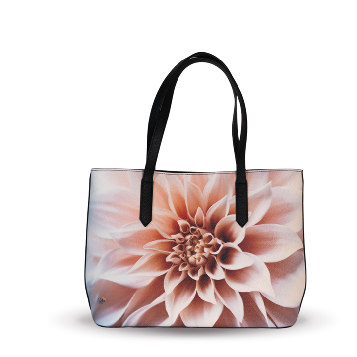 Café Au Lait vegan leather tote bag featuring a fine art photograph of blush and cream dahlia petals by Sally Halvorsen.
