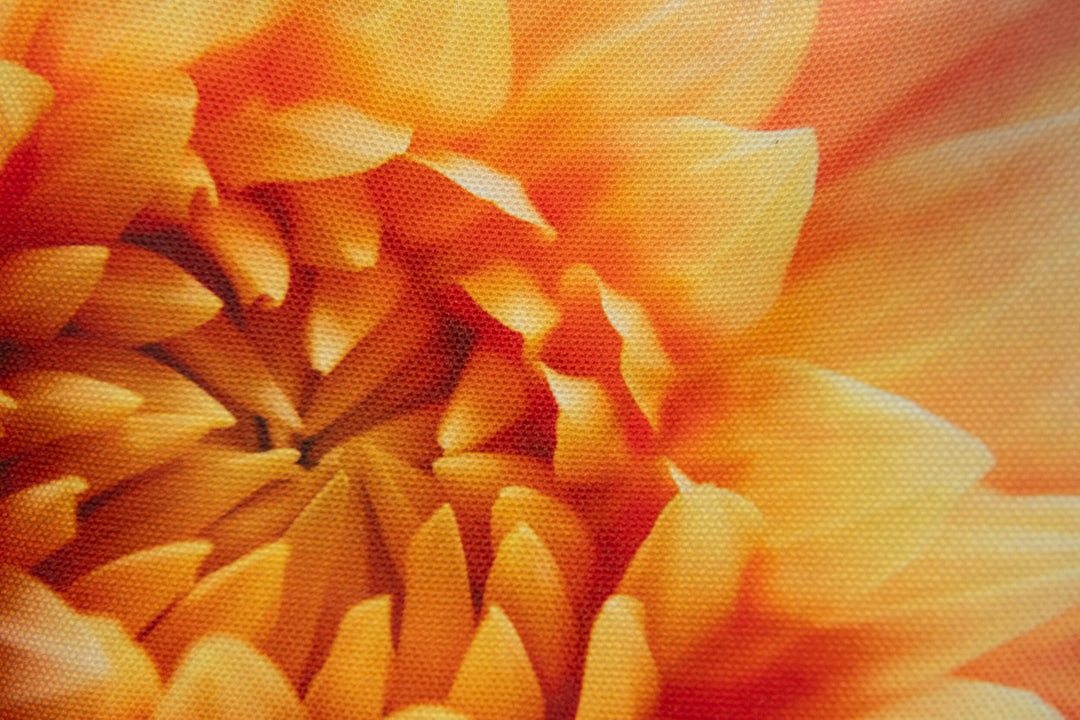 Vibrant orange and yellow dahlias on the Orange-Yellow Dahlia Market Tote, perfect for stylish outings.