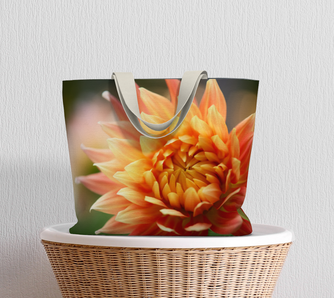 Stylish Orange-Yellow Dahlia Market Tote featuring vibrant floral design, perfect for elevating everyday outings.