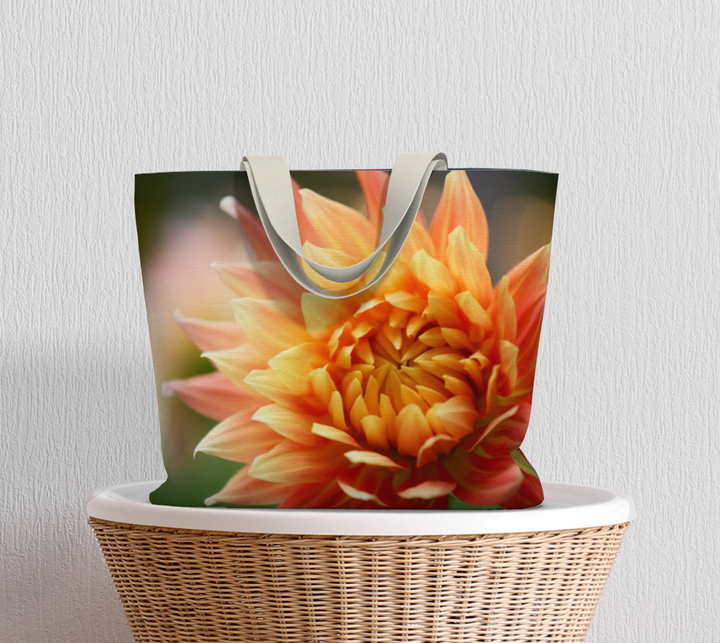 Stylish Orange-Yellow Dahlia Market Tote featuring vibrant floral design, perfect for elevating everyday outings.