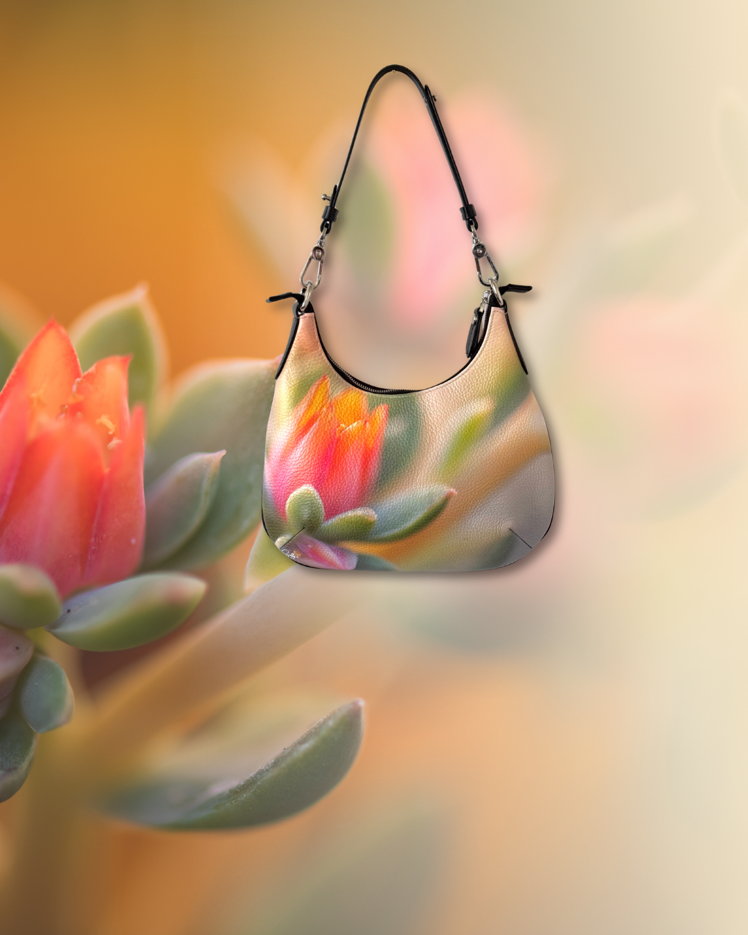 Textured shoulder bag with coral and pink flower artwork, shown against a softly blurred garden background.