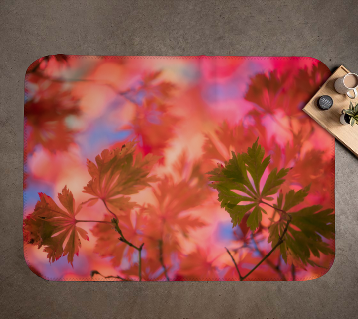 Minky blanket featuring Sally Halvorsen's original autumn leaf photograph, with read, orange, and green leaves against a glowing background of pink, gold, and soft blue.