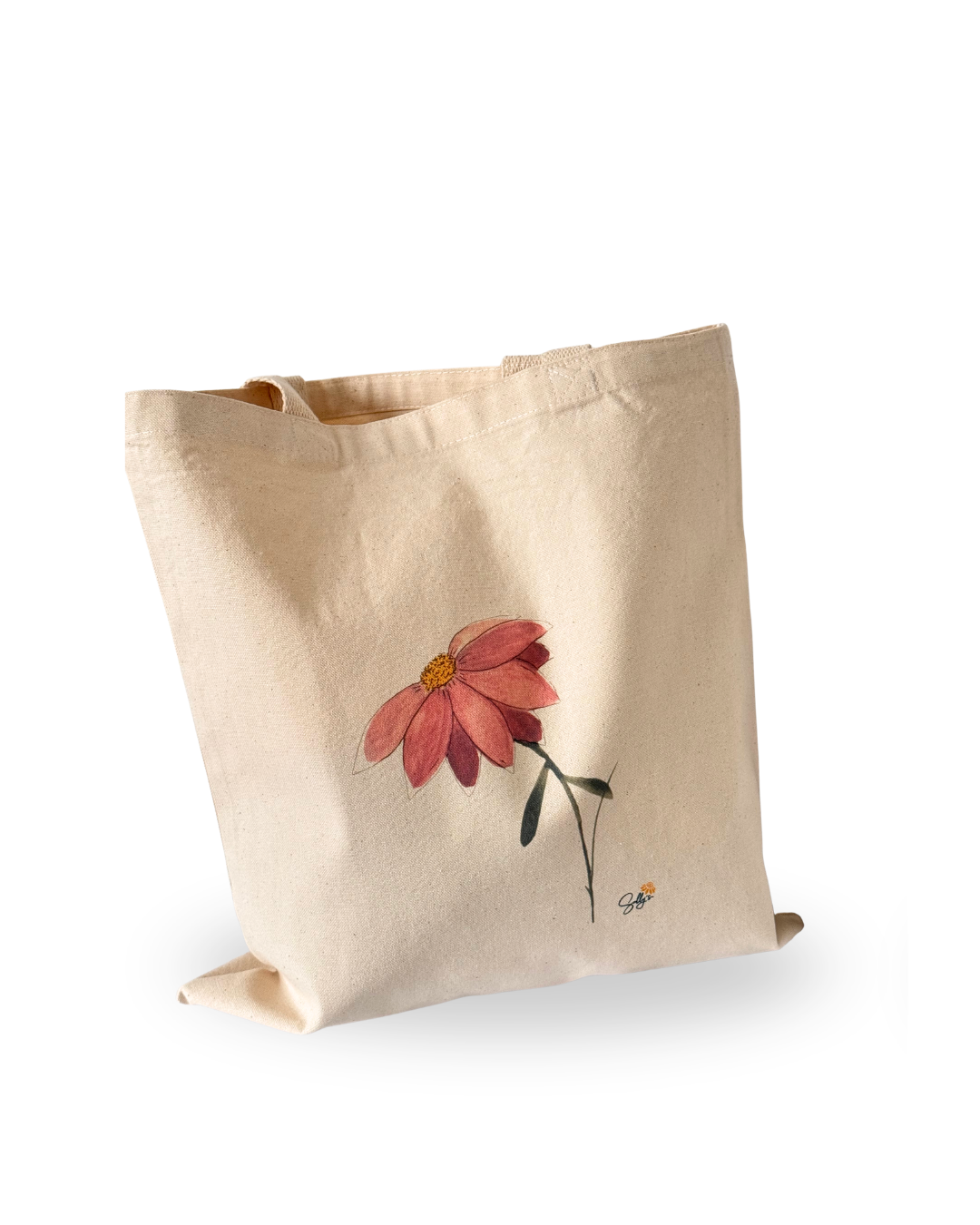 In Her Own Way watercolor floral canvas tote bag featuring an original pink and coral flower painting by botanical artist Sally Halvorsen.