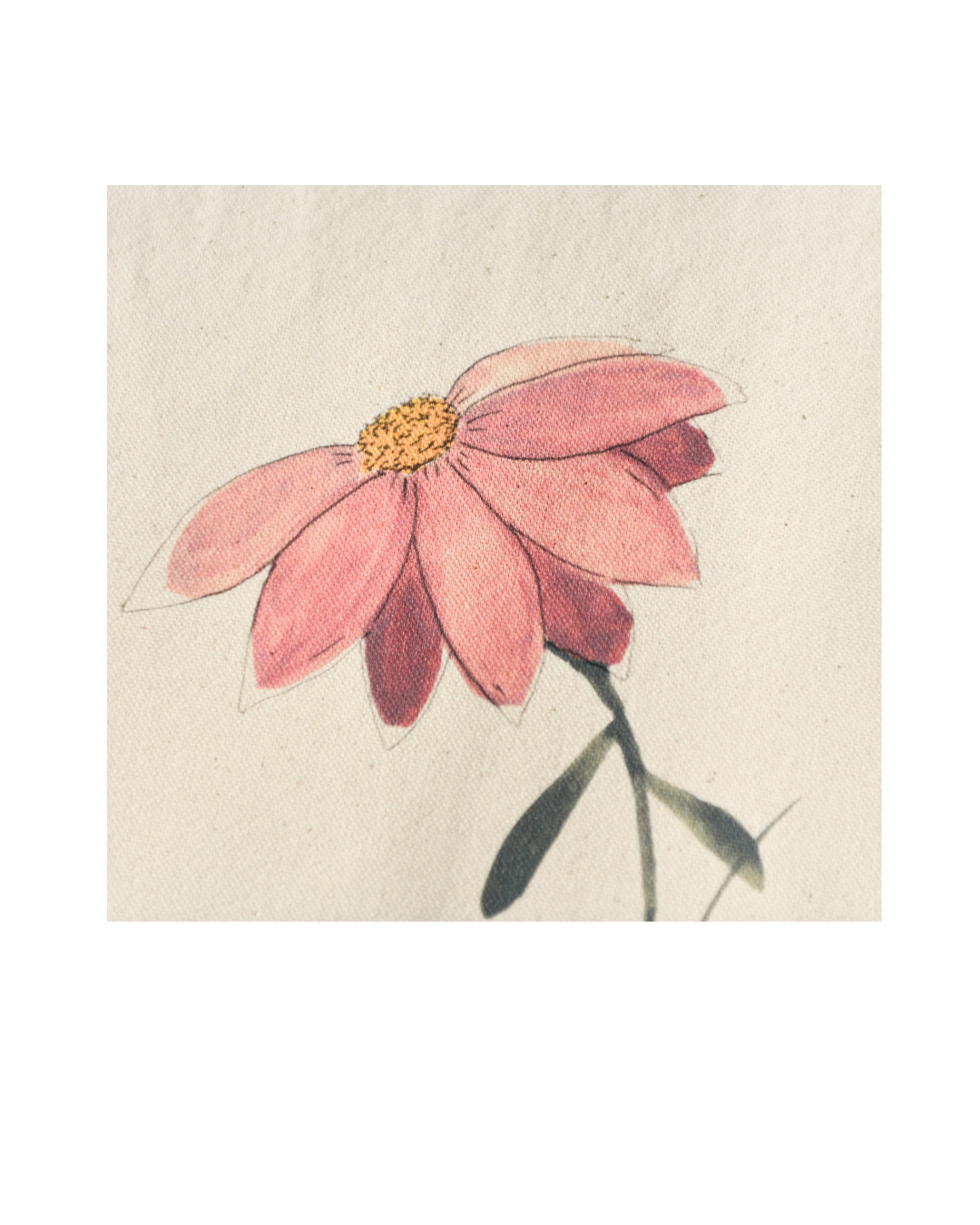 Close-up of the In Her Own Way watercolor artwork showing delicate pink, coral, and yellow floral details printed on canvas.