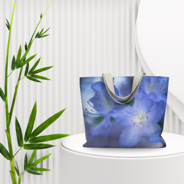 Rhododendron Market Tote – Blue Floral Fine Art Bag by Sally Halvorsen