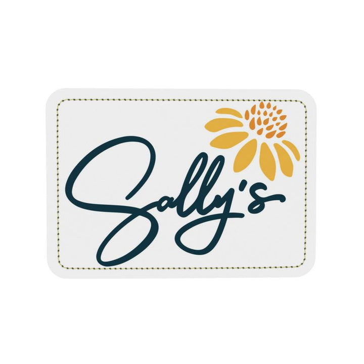 Sally's label with a yellow flower on a white background