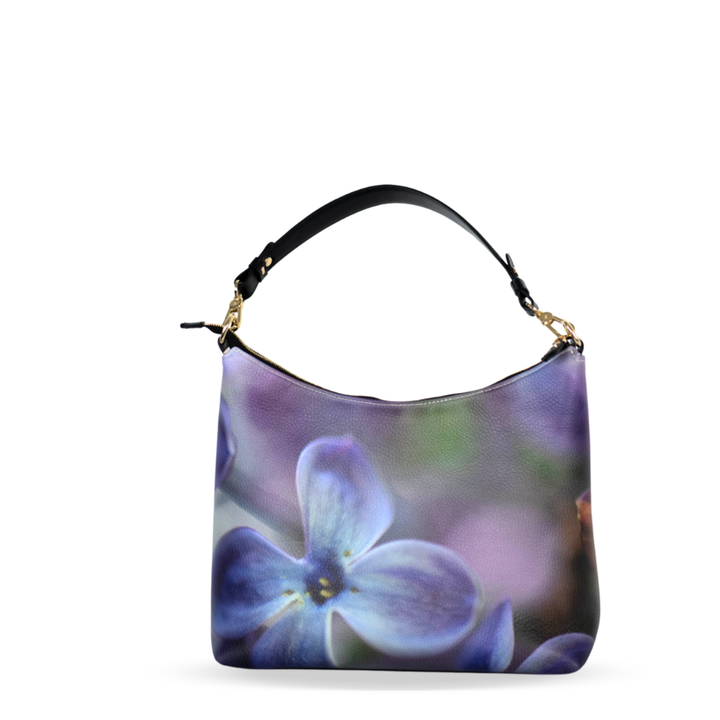 Designer leather Square Hobo handbag with lilac fine art photograph, handcrafted in London.