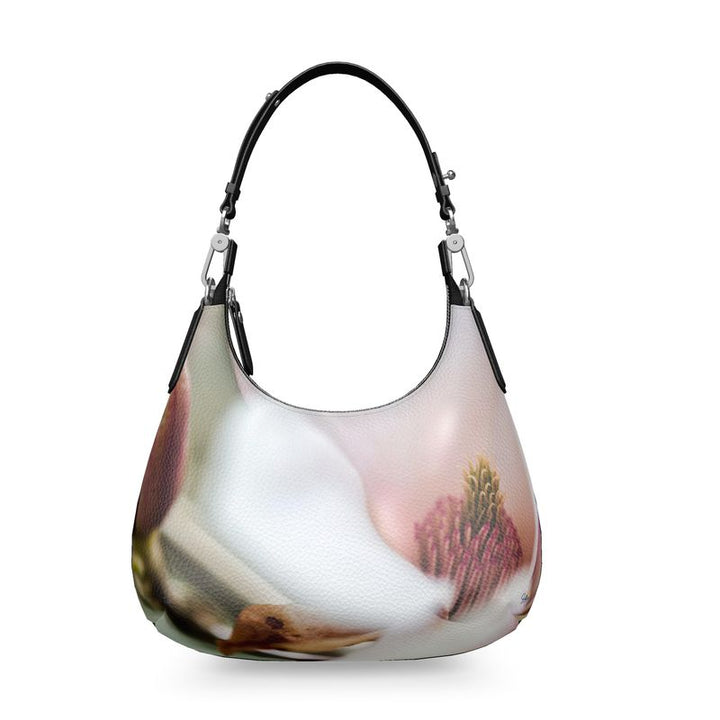 Designer leather Mini Curve handbag with magnolia fine art photograph, handcrafted in London.