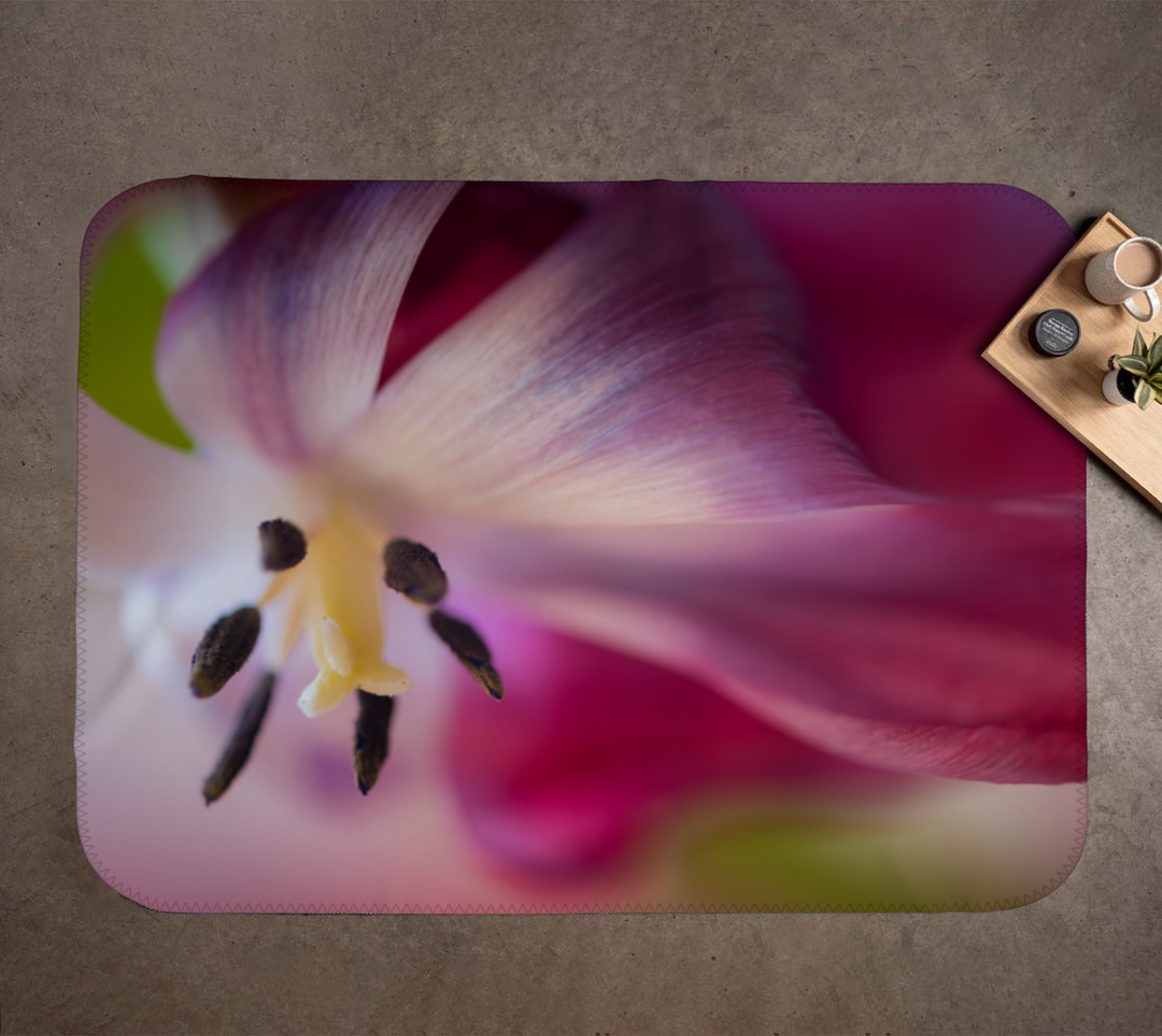 Close-up floral photograph in shades of pink, purple, yellow, and green printed on a soft minky blanket.