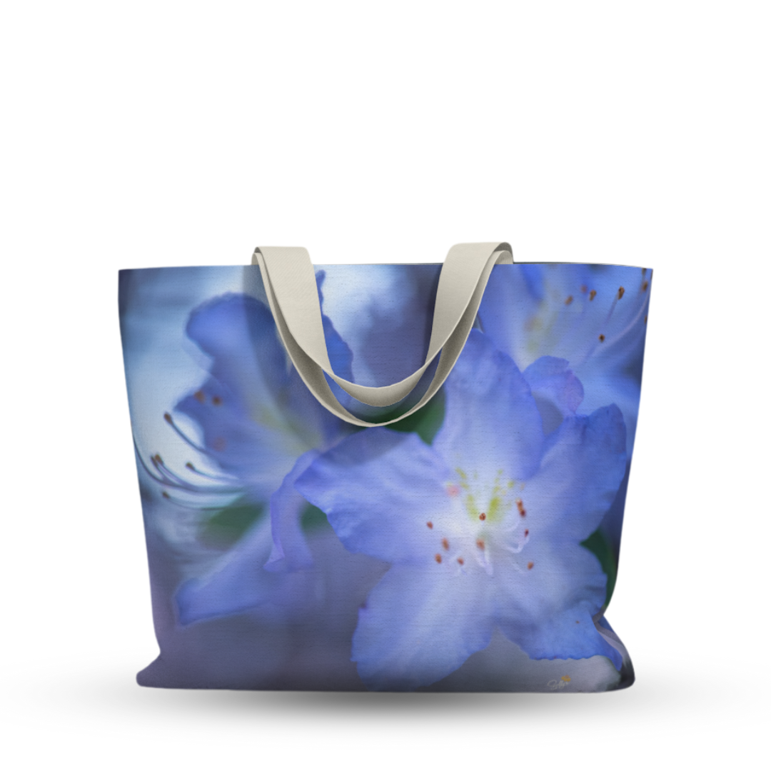 Rhododendron botanical market tote with fine art rhododendron flower print on high-quality canvas and navy lined interior.
