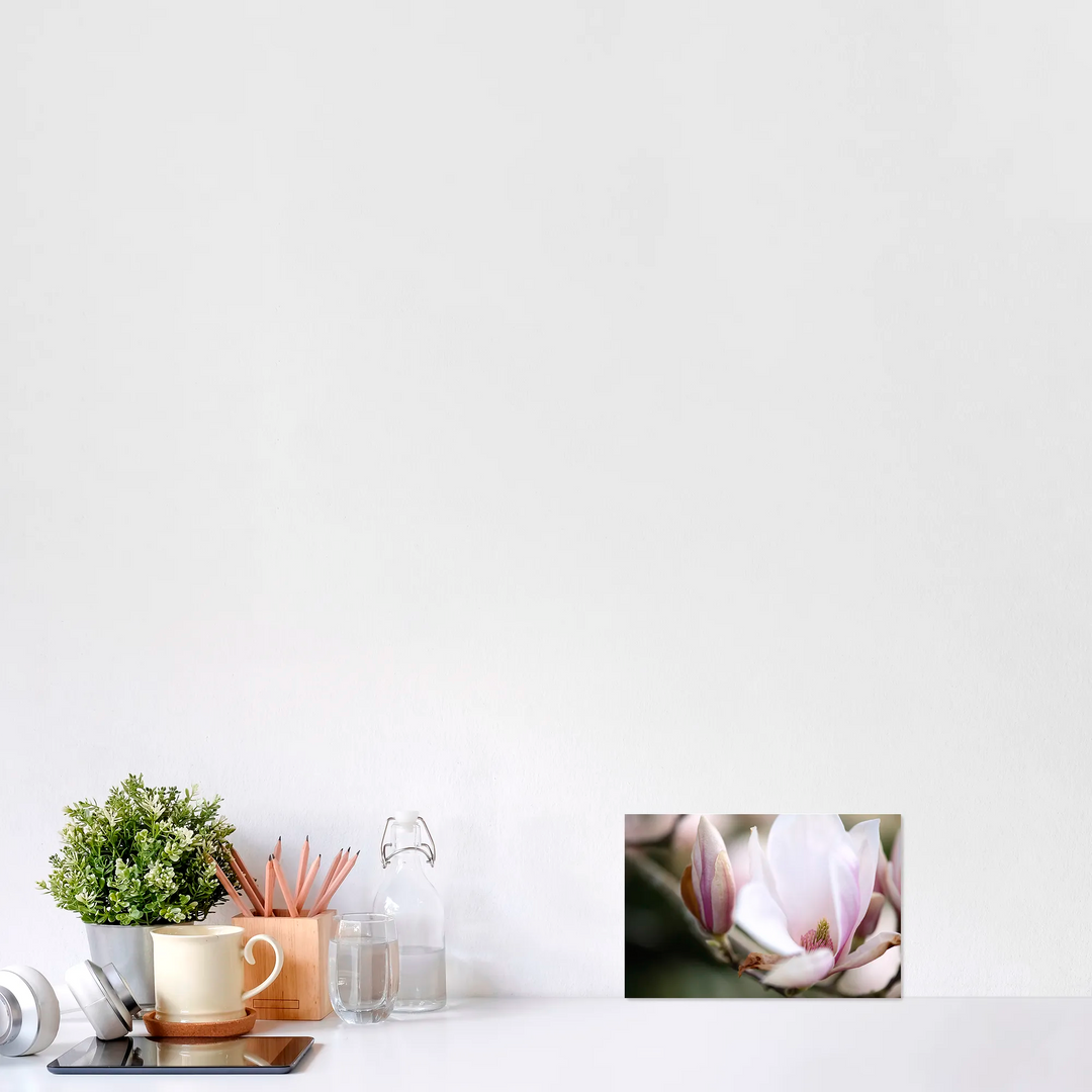 Small table with a plant, mug, and glass, featuring a close-up of a magnolia flower in the corner.