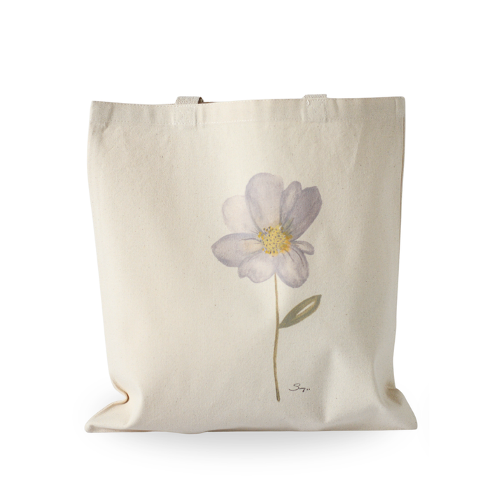 She Had Other Plans botanical watercolor flower printed on a natural canvas tote bag by artist Sally Halvorsen.