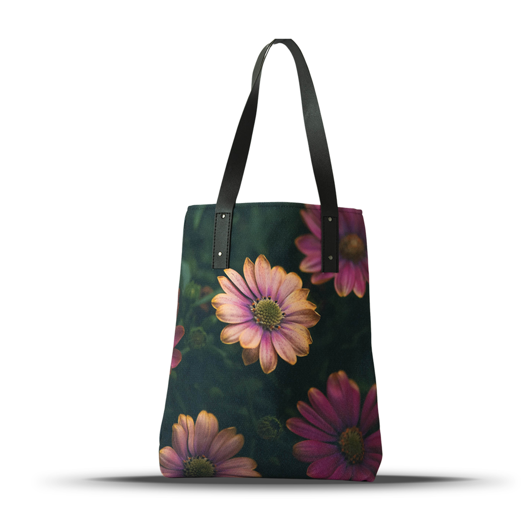 Flower Medley Urban Tote with blush windflower artwork and black vegan leather handles.