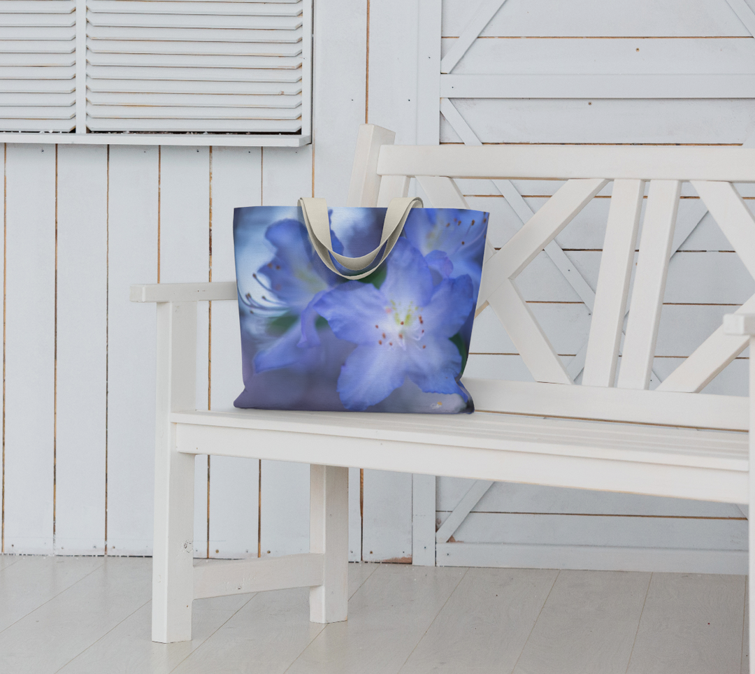 Rhododendron Market Tote – Blue Floral Fine Art Bag by Sally Halvorsen