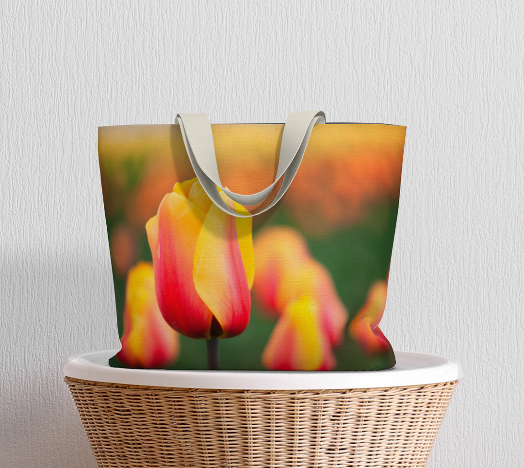 Tote bag of Tulips sitting on a basket