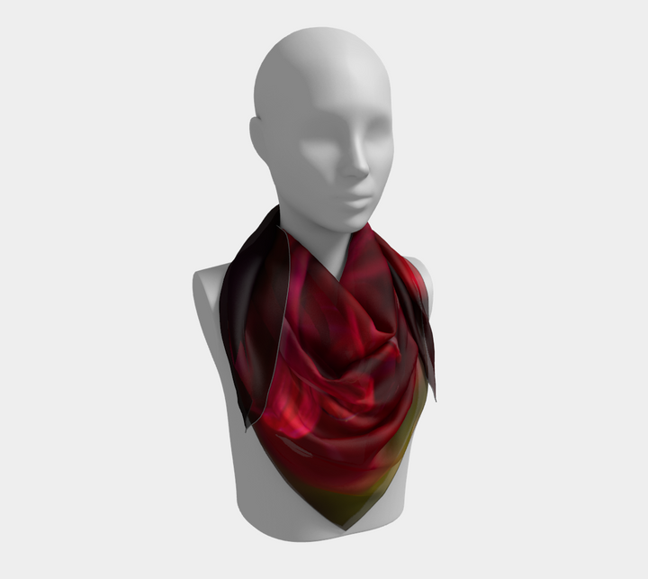 36"x36" Red Dahlia (Red Velvet) Silk Scarves.  Created with my stunning, vibrant Red Dahlia image.  This scarf has rich red tones, with splashes of green and a darker background.  A show stopper for sure.