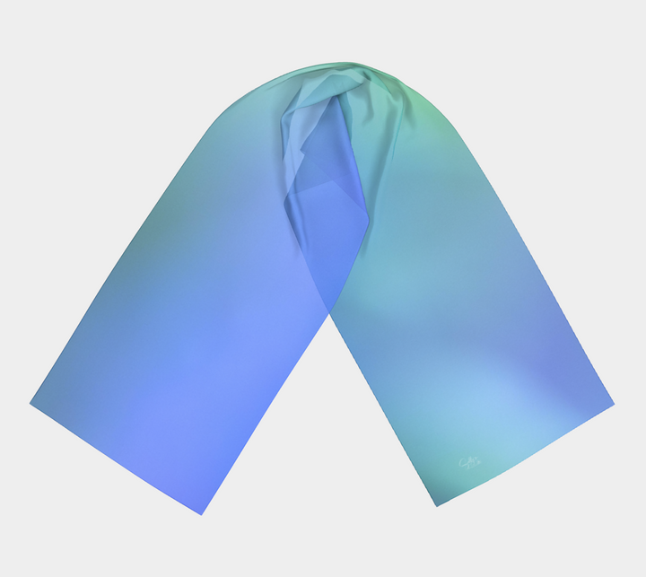 simple silk scarf in calming colors of light to medium blue with a soft aqua green, no pattern on this scarf