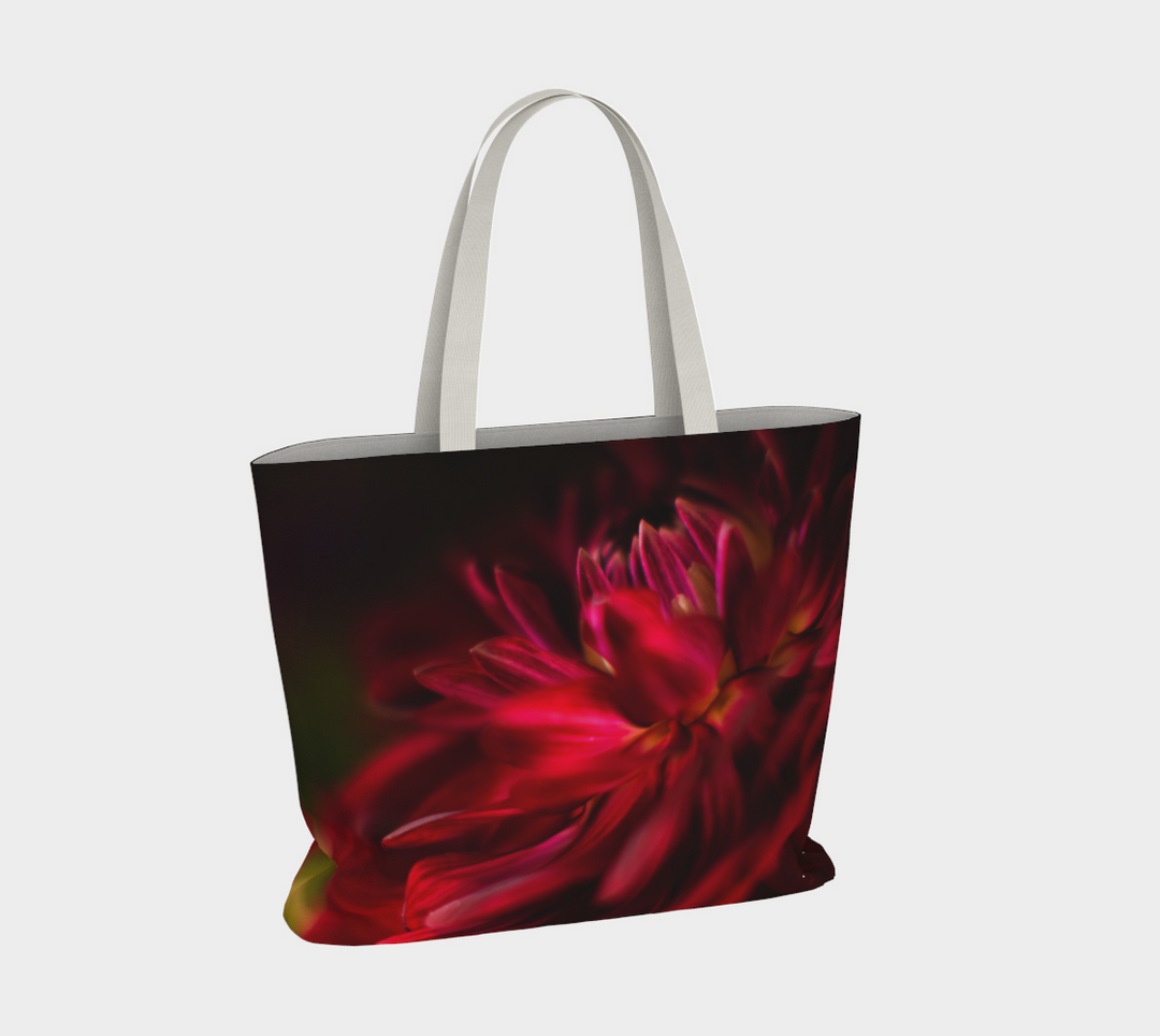 Stunning Red Dahlia Market Tote with 1.5 inch wide cotton handles in black or ivory.
