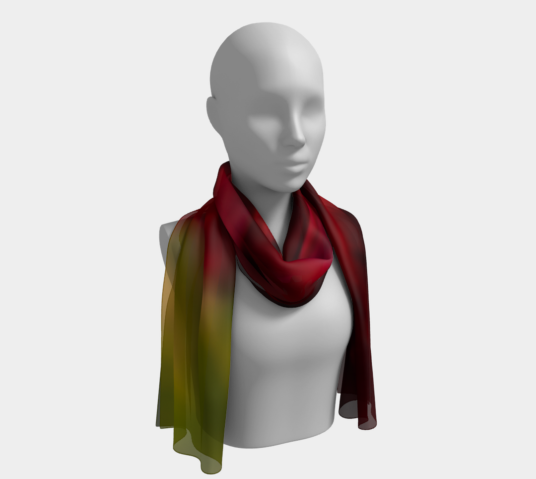 Stunning artwork and the love of flowers make up these long silk scarves.  Wrap yourself in hues of reds and greens for a luxurious finish to any outfit.  Wear the beautiful red velvet abstract silk scarf anytime of year.  Dressing up a white blouse and jeans with a pair of black heals for a night out is the perfect look for this stunning scarf.