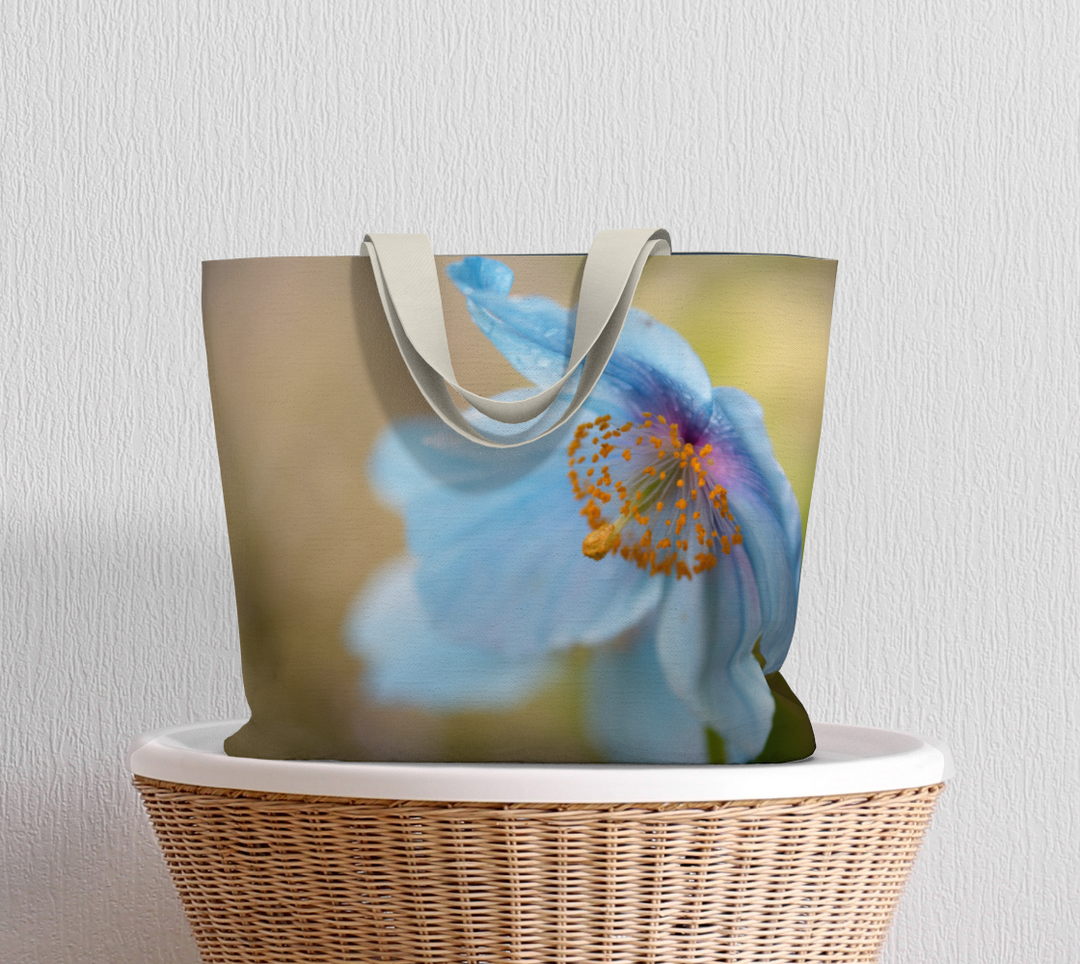 Tote bag of Himalayan Blue Poppy on a basket