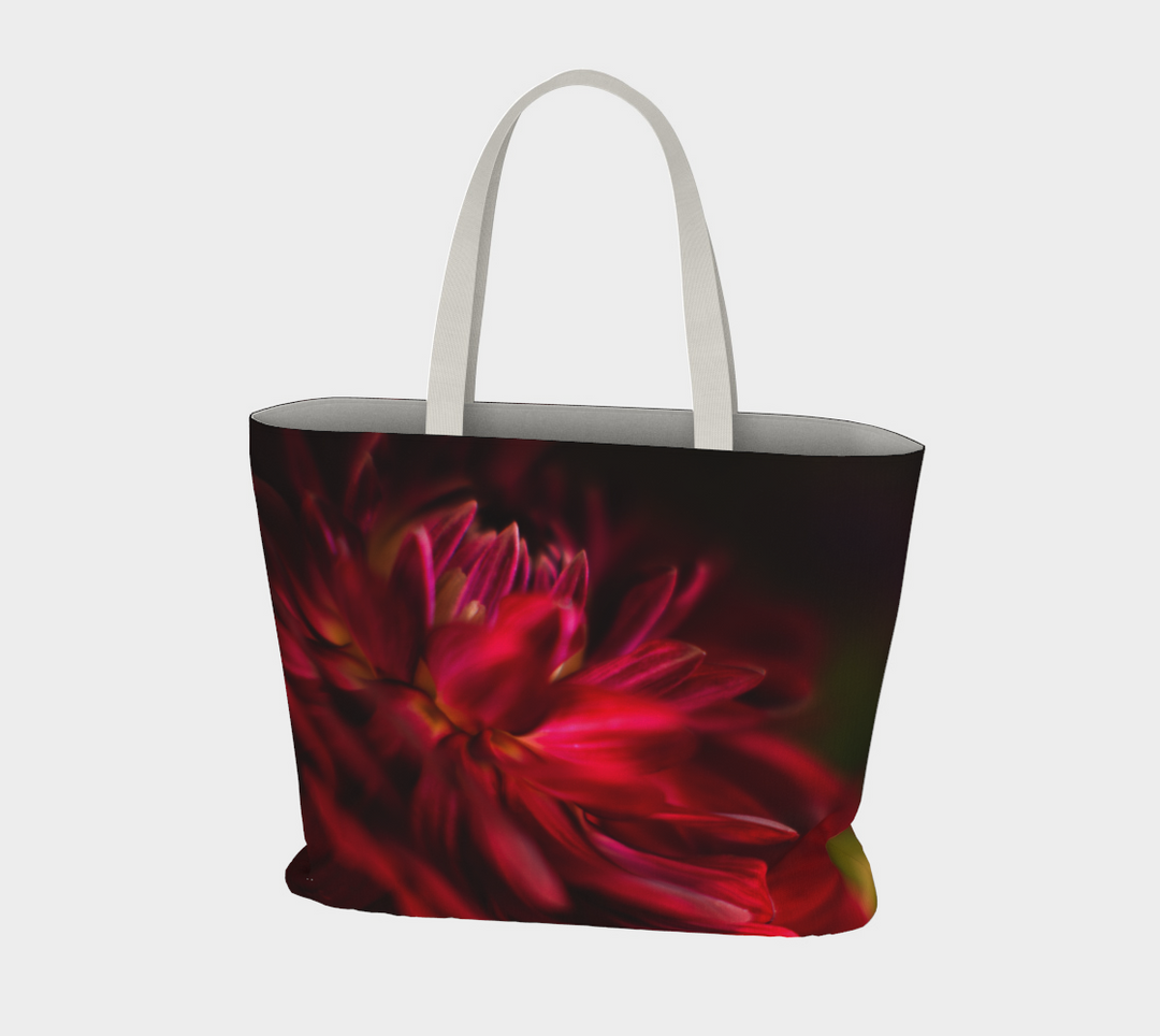 Stunning Red Dahlia Market Tote with 1.5 inch wide cotton handles in black or ivory.