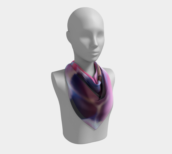Medium 26" square silk scarves featuring hues of pink, burgundy, aqua blue , white and black create this beautiful image of a tulip open to reveal all the wonderful colors of this flower.