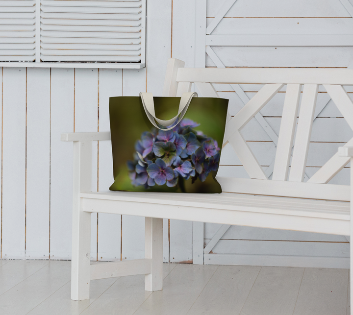 Tote bag of hydrangea flower on a bench