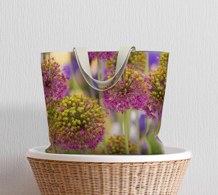 Tote bag of Allium Flowers on a basket