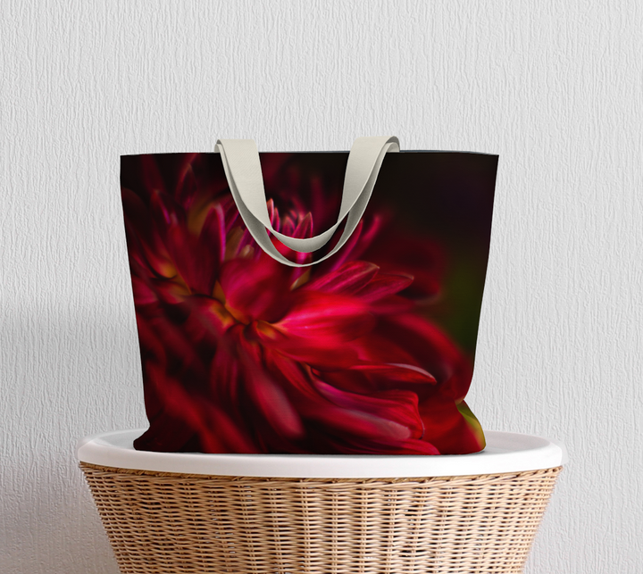 Stunning Red Dahlia Market Tote with 1.5 inch wide cotton handles in black or ivory on a basket