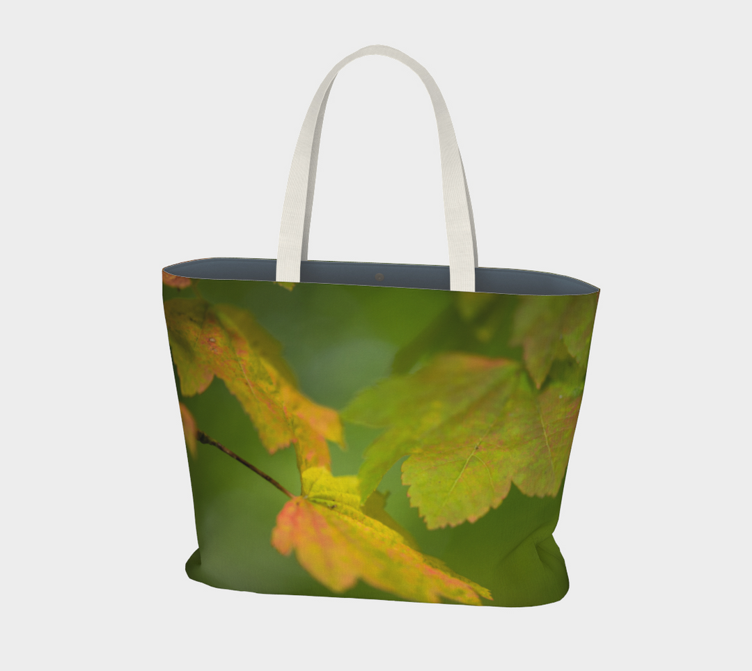 Lined maple leaves market tote with 1.5 inch wide cotton 