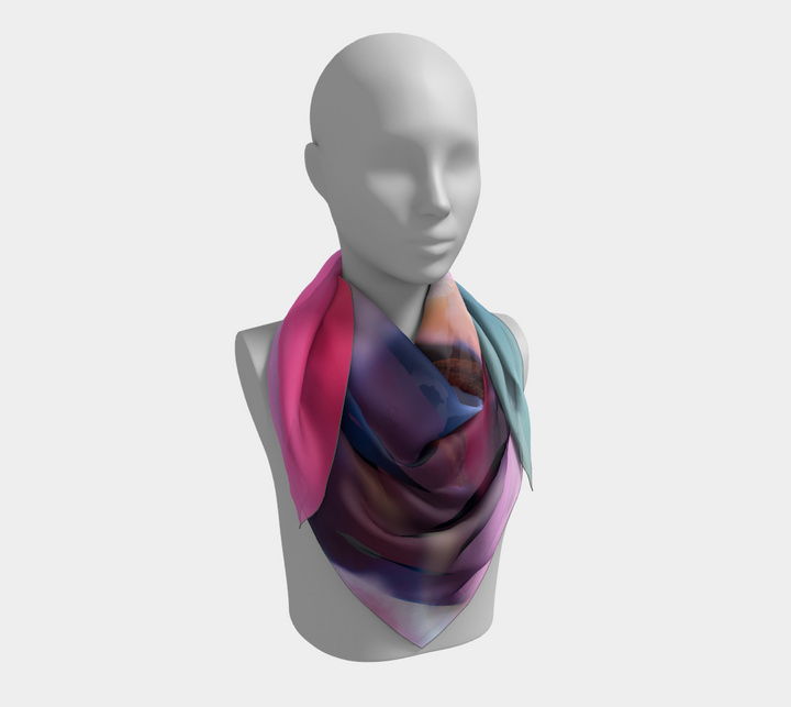 Large 36" square silk scarves featuring hues of pink, burgundy, aqua blue , white and black create this beautiful image of a tulip open to reveal all the wonderful colors of this flower.